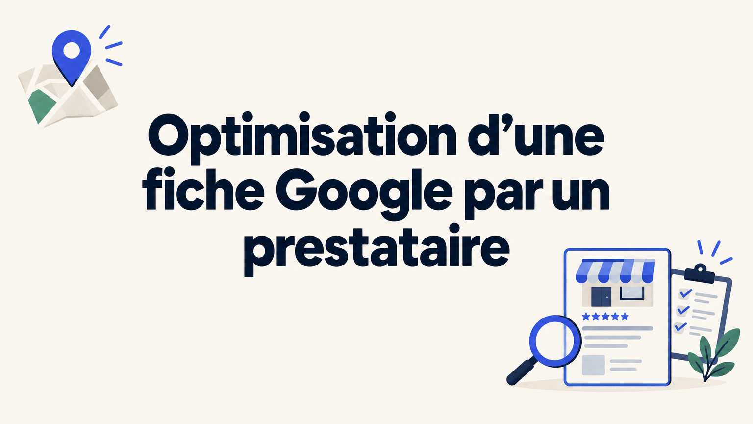 Illustration d’une fiche d’établissement schématique accompagnée d’une épingle de localisation et d’éléments d’audit.