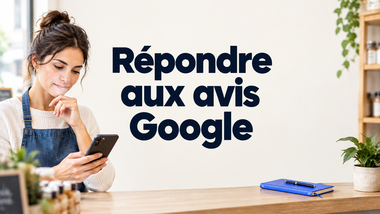 Commerçante réfléchissant à une réponse à un avis sur son smartphone, près du comptoir.