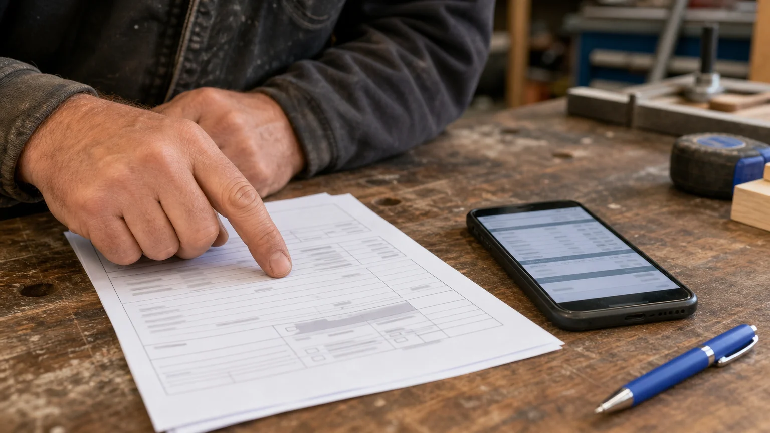 Main vérifiant un ordre de travail à côté d’un smartphone dans l’atelier d’un artisan.