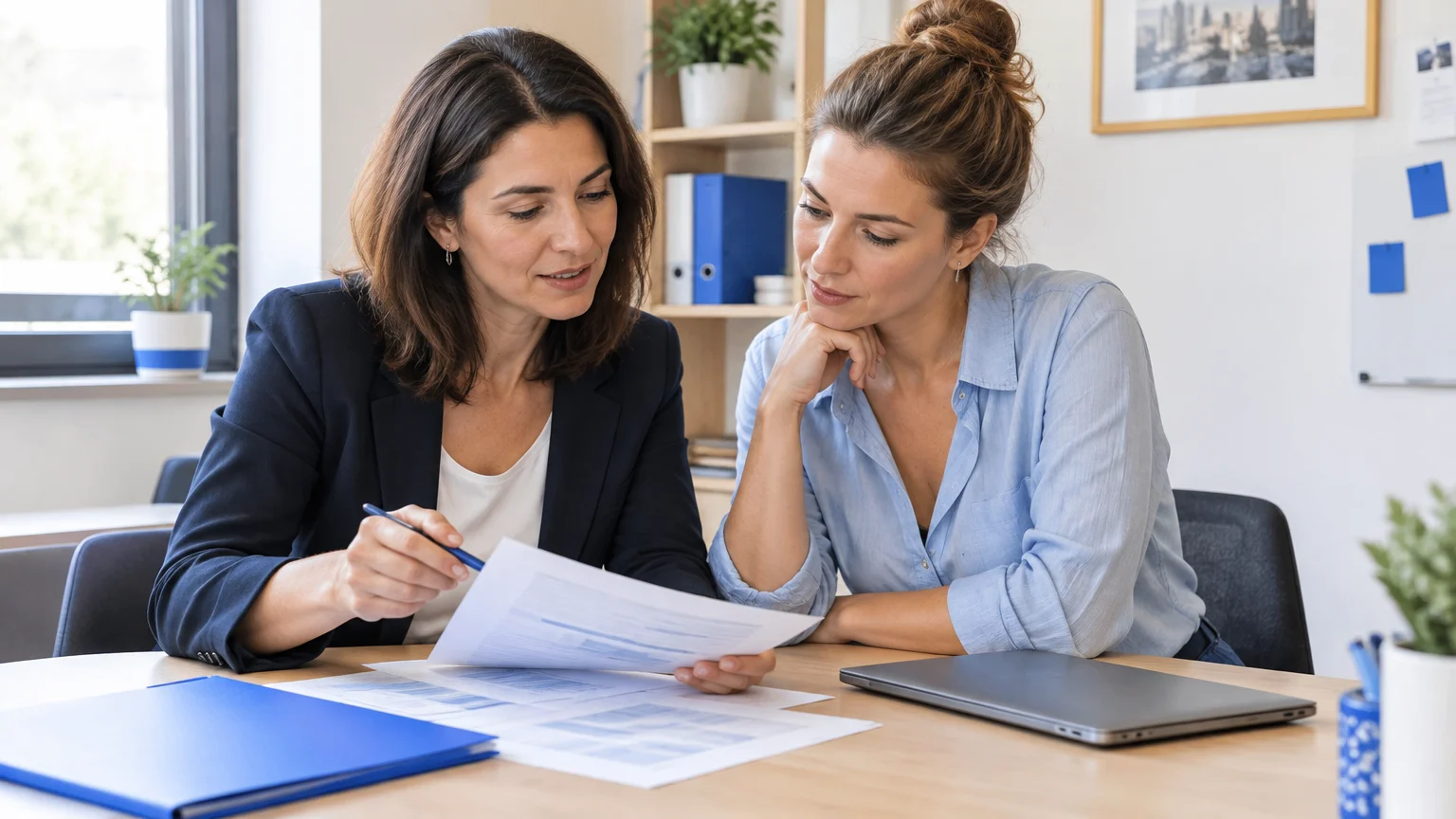 Une entrepreneuse et une consultante examinent des notes dans un bureau professionnel.
