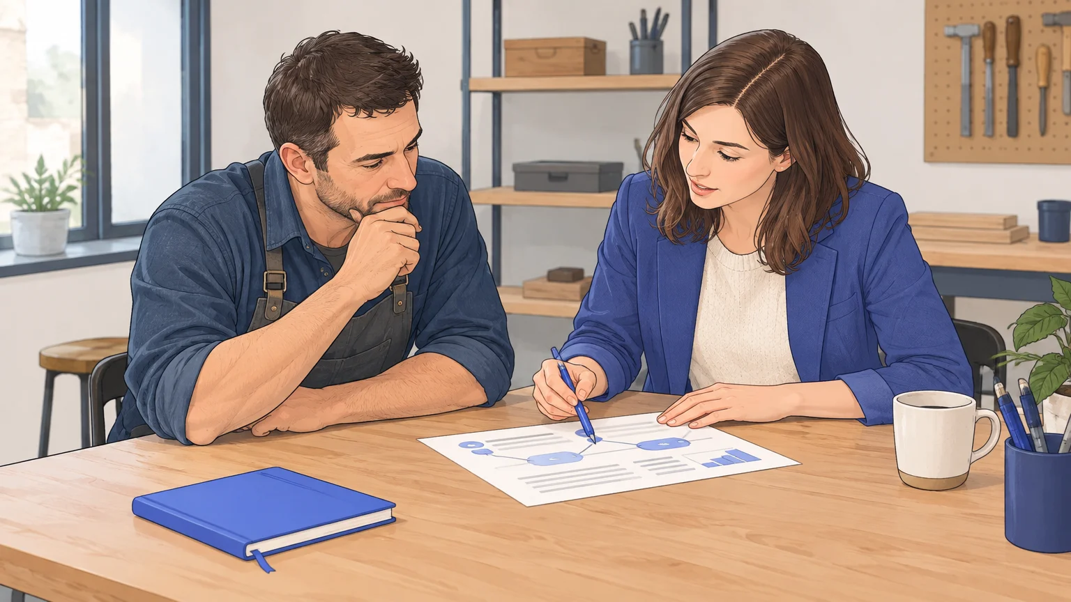 Un consultant et un professionnel local examinent ensemble un document de travail dans un atelier.