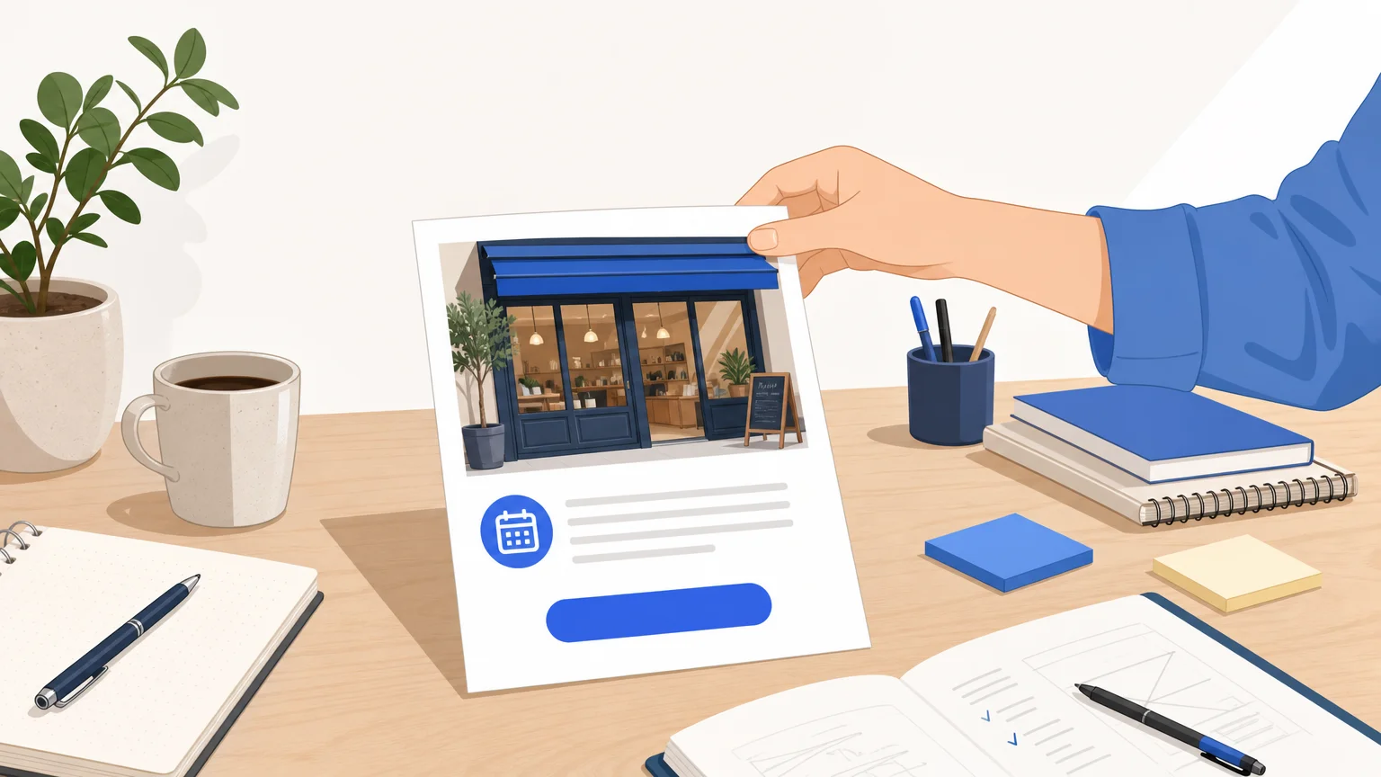 Illustration d’une entreprise préparant une actualité pour sa fiche en ligne.