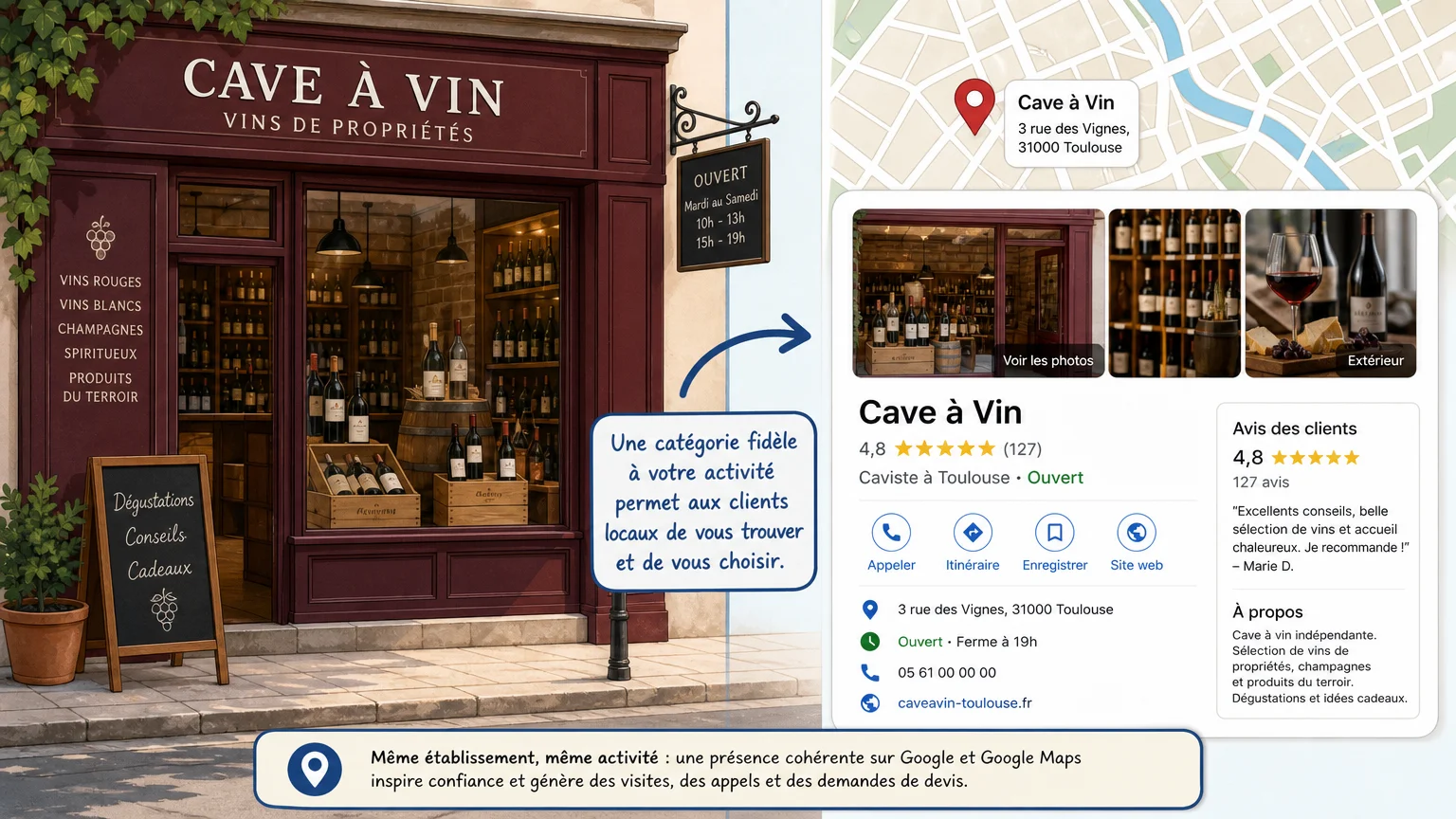 Montrer une vitrine réelle associée à une carte locale, pour illustrer l’importance d’une catégorie fidèle à l’établissement.