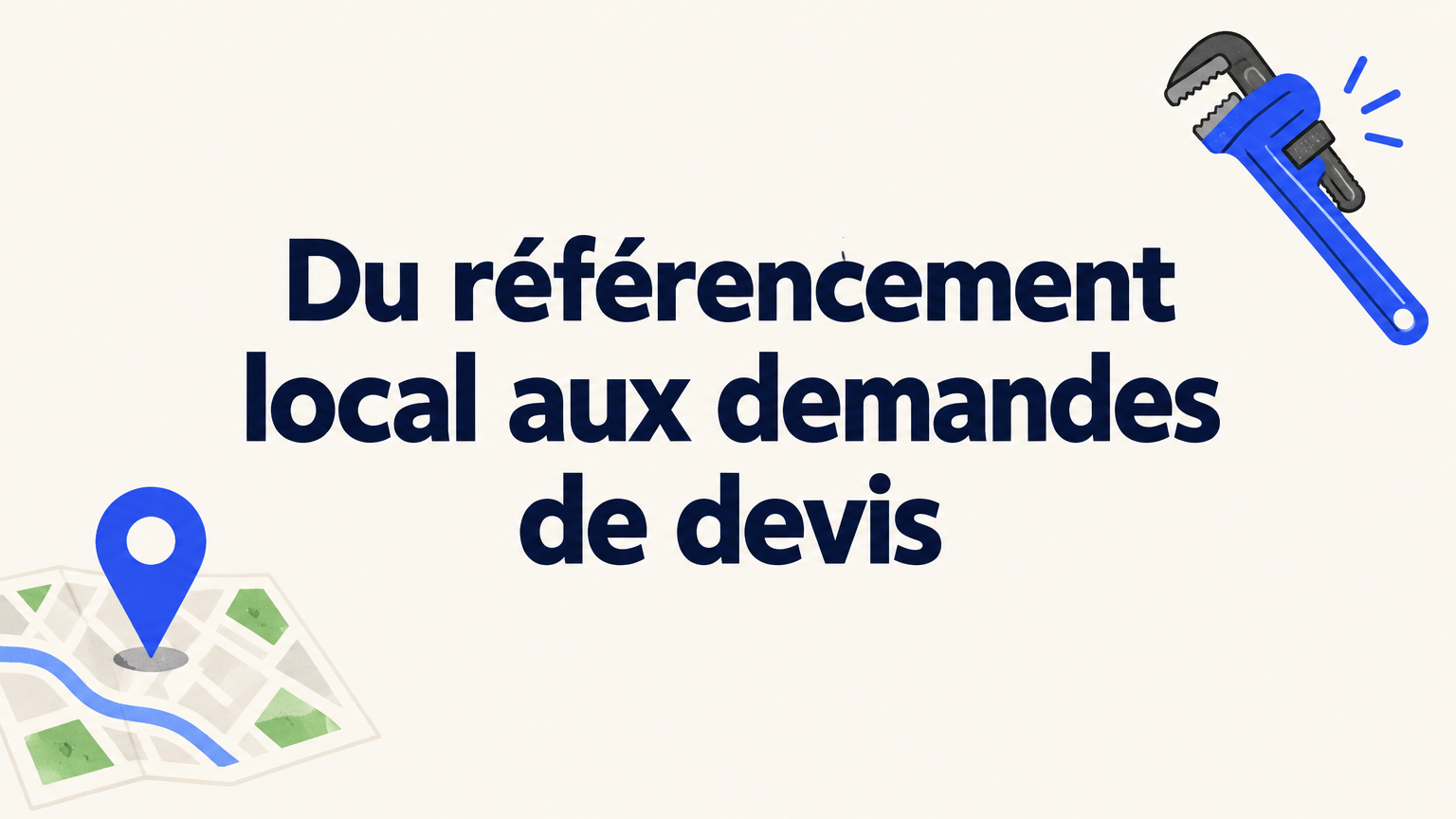 Illustration éditoriale d’un repère local sur une carte schématique accompagné d’une clé de plomberie.